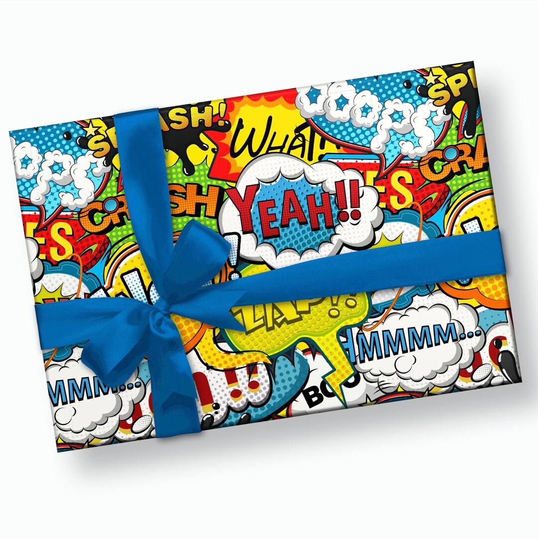 Blue Comic Book Wrapping Paper For Boys Girls Kids, BOOM