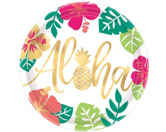 Aloha Party Plates - Tropical Bridal Shower Supplies, Bachelorette Party Decorations, Hawaiian Party, Tropical Birthday Plates, Luau Party