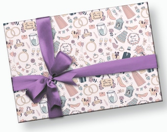 May include: A pink and white gift wrap with a purple ribbon. The wrap features a repeating pattern of wedding-themed illustrations, including rings, cake, and the text "We are getting married".