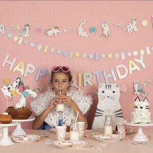 May include: A pink and white birthday party table setting with a cat-themed cake, cupcakes, and decorations. The table is set with white plates, cups, and napkins. A girl is sitting at the table wearing a white shirt and pink glasses. The banner says "Happy Birthday".