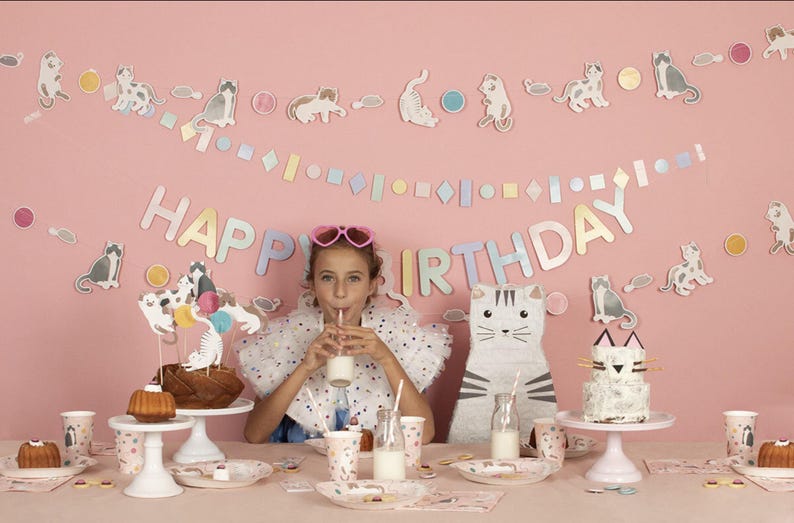 May include: A pink and white birthday party table setting with a cat-themed cake, cupcakes, and decorations. The table is set with white plates, cups, and napkins. A girl is sitting at the table wearing a white shirt and pink glasses. The banner says "Happy Birthday".