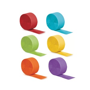 May include: Six rolls of colorful crepe paper streamers. The streamers are red, blue, green, yellow, orange, and purple.
