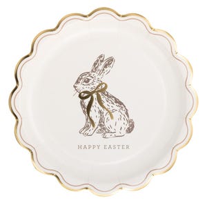May include: White paper plate with a scalloped edge and gold trim. A gold illustration of a rabbit with a bow is in the centre, with the words "HAPPY EASTER" below. The plate is designed for Easter celebrations.