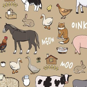 May include: A colorful illustration of farm animals, including a horse, cow, pig, sheep, chickens, ducks, and rabbits. The illustration also includes a farmhouse, a basket of eggs, and the words "MOO", "MEOW", "OINK", and "BAA".