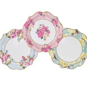 Floral Tea Party Paper Plates 12ct – 8.5&quot; Disposable Plates for Garden Party, Bridal Shower, Birthday or Brunch