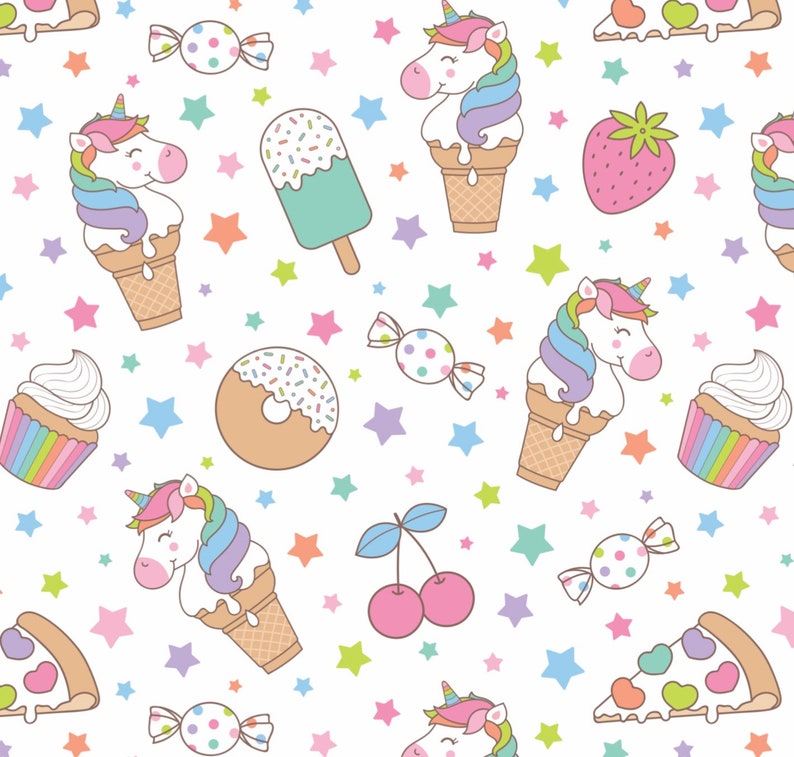 Puede incluir: Un patr&oacute;n sin costuras que presenta una variedad de ilustraciones coloridas y caprichosas, que incluyen unicornios, conos de helado, cupcakes, donas, caramelos, cerezas, fresas y rebanadas de pizza. El fondo es blanco con estrellas dispersas.