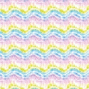 May include: A seamless pattern with a tie-dye design in shades of pink, blue, green, and yellow. The pattern is made up of wavy lines and dots.