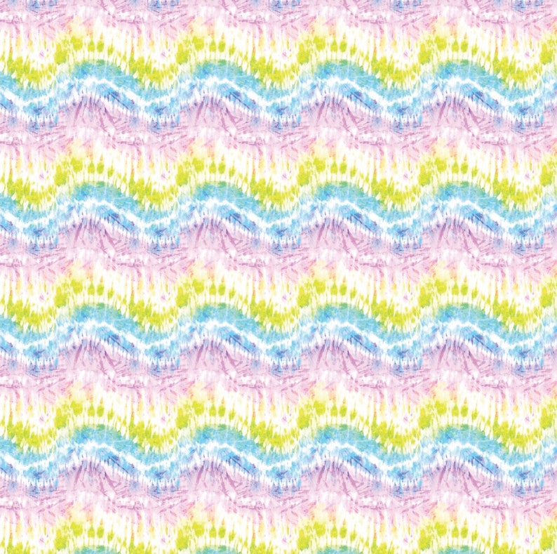 May include: A seamless pattern with a tie-dye design in shades of pink, blue, green, and yellow. The pattern is made up of wavy lines and dots.