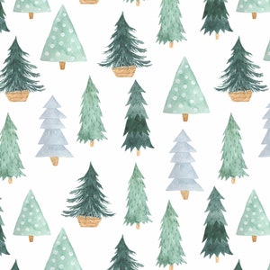 May include: Watercolor pattern of various Christmas trees in shades of green and blue-gray on a white background. Some trees have white polka dots, others are in woven baskets. The trees vary in shape and style.