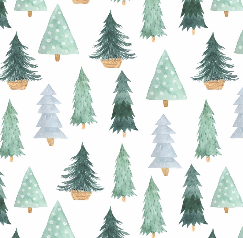 May include: Watercolor pattern of various Christmas trees in shades of green and blue-gray on a white background. Some trees have white polka dots, others are in woven baskets. The trees vary in shape and style.