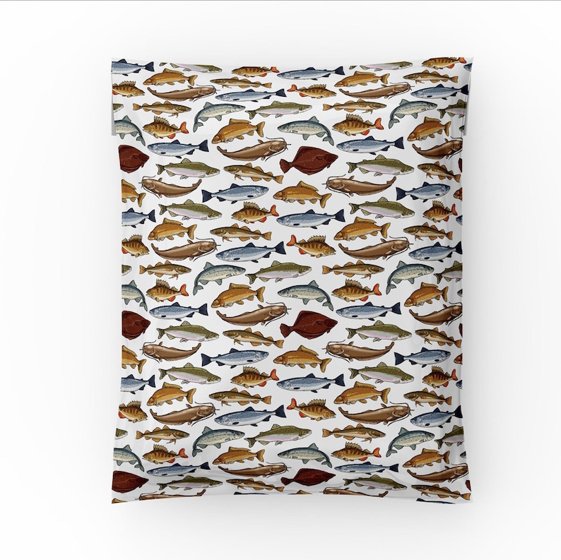 May include: A white pillowcase with a repeating pattern of colorful fish. The fish are in various sizes and shapes, and they are arranged in a random pattern.