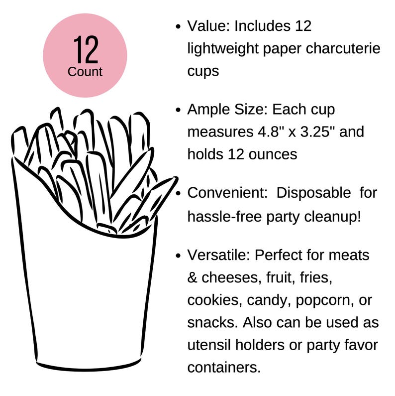 Puede incluir: Un juego de 12 vasos de papel blancos con contorno negro. Los vasos est&aacute;n apilados y llevan la etiqueta "12 Count". Los vasos son perfectos para servir aperitivos, salsas u otros art&iacute;culos peque&ntilde;os.