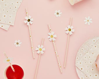 Daisy Party Straws - Pink Daisy Baby Shower, Girl Birthday Straws, Floral Birthday Party, Groovy Birthday Supplies, Paper Drink Straws