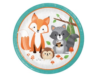 Talerze imprezowe Woodland – Baby Shower w stylu leśnym, urodziny w stylu leśnym, talerze w stylu leśnym, impreza z motywem leśnych zwierząt, dekoracje na baby shower, talerze na baby shower