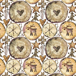 Op de afbeelding: Een naadloos patroon met aquarel illustraties van boomschijven, rendieren, sterren, harten en dennenbomen. Het patroon is in tinten bruin, beige en wit.