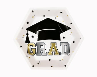 Black Gold & Silver Graduation Party Plates, 8ct Disposable Paper Plates, Graduation Tableware, Graduation Party Decorations