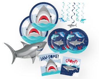 Artículos para fiestas de tiburones: decoraciones para fiestas de tiburones, decoraciones para cumpleaños de tiburones, decoraciones para tiburones, globos de tiburones, platos y servilletas para fiestas.