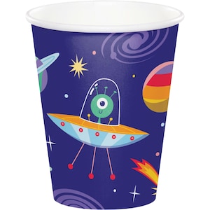 8 kt Space Party-bekers 9oz – Alien UFO-papieren bekers voor ruimteverjaardag, Galaxy babyshower, kinderservies, kosmisch feestservies, raketschipfeest