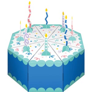 May include: A blue and white paper birthday cake with colorful confetti and candles. The cake has a scalloped edge and is decorated with several candles of varying shapes and colors, including pink, blue, and purple.
