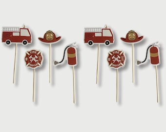 Feuerwehrmann Tortenstecker 8ct - Feuerwehrauto Geburtstag Cupcake Toppers, 1st Responder Party, Feuerwehrmann-Babyparty, Transport Party Dekor