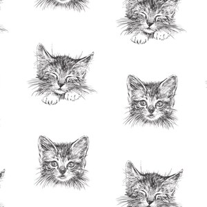 May include: A seamless pattern featuring black and white illustrations of cute kittens with closed eyes. The kittens are drawn in a simple, hand-drawn style and are arranged in a repeating pattern.