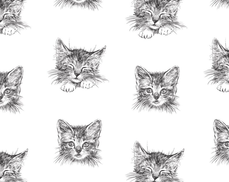 May include: A seamless pattern featuring black and white illustrations of cute kittens with closed eyes. The kittens are drawn in a simple, hand-drawn style and are arranged in a repeating pattern.