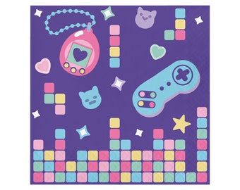 May include: A purple background with a variety of colorful retro video game icons, including a pixelated heart, a game controller, a pixelated heart, a pixelated game character, and a pixelated game character. The background is filled with a variety of pixelated blocks in different colors.