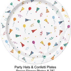 May include: Set of 8 disposable paper dinner plates featuring a colorful confetti and party hat design. The plates are 8.75 inches in diameter.