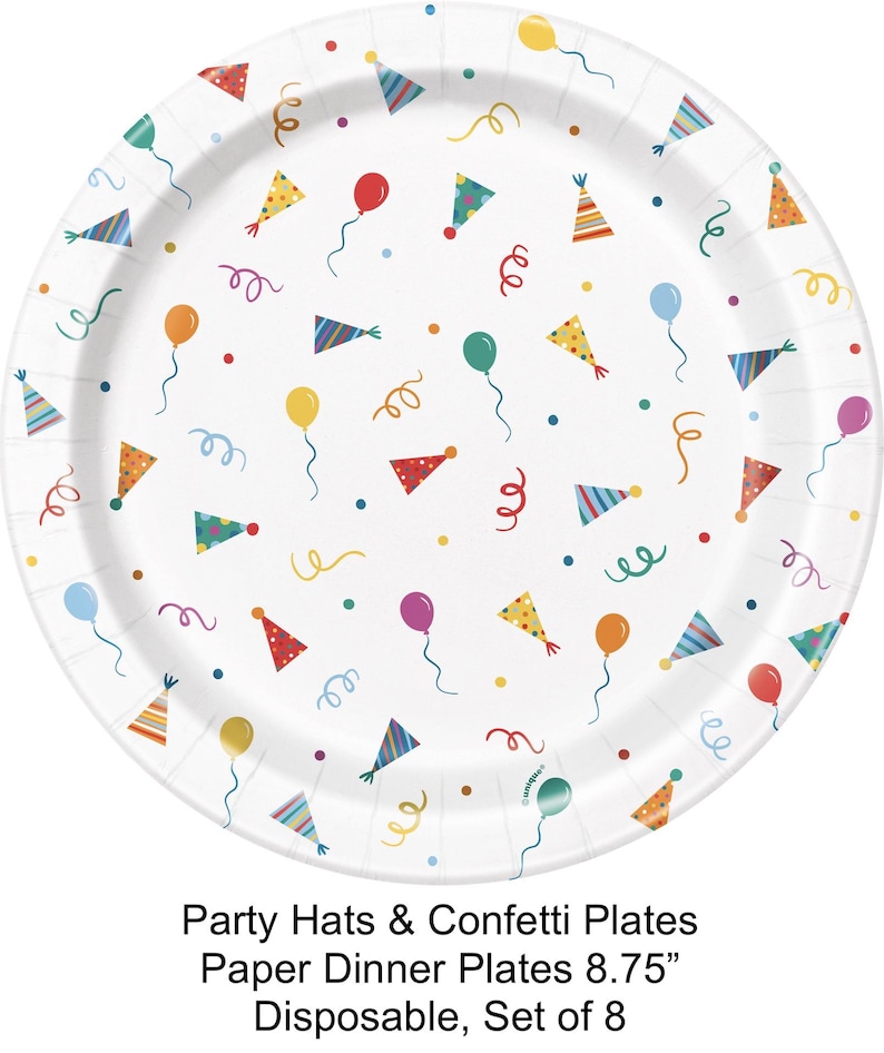 May include: Set of 8 disposable paper dinner plates featuring a colorful confetti and party hat design. The plates are 8.75 inches in diameter.