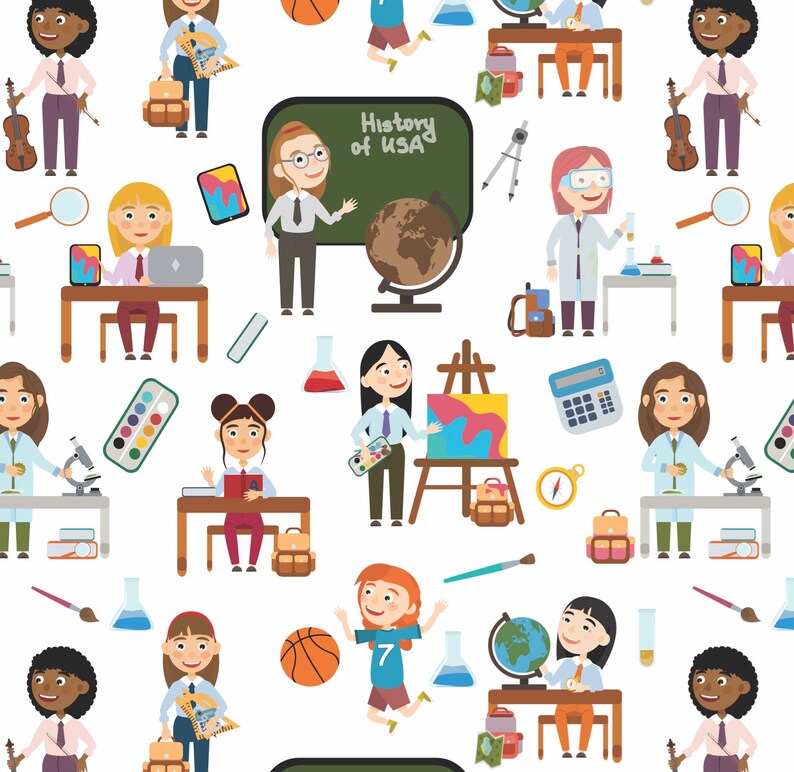 May include: A colorful illustration of children in a classroom setting. The illustration includes a variety of subjects, such as history, art, science, and music. There are also various school supplies, such as paintbrushes, globes, and microscopes.