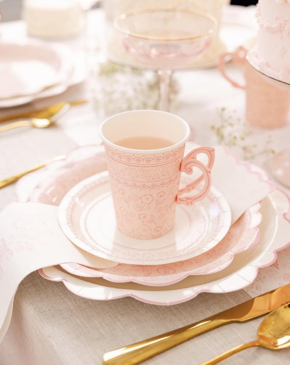 Pink Floral Tea Party Cups - Vintage Tea Party Bridal Shower Supplies, Garden Birthday Decorations, Floral Baby Shower, Paper Drink Cups