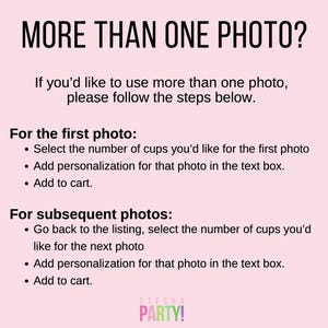 May include: Pink background with black text that reads "MORE THAN ONE PHOTO?" and instructions on how to use multiple photos in a listing. Includes steps for the first and subsequent photos, and the "STESHA PARTY!" logo.