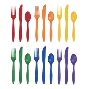 Rainbow Party Plastic Cutlery Set for 36 Guests – Red, Orange, Yellow, Green, Blue & Purple – Birthday Party, Baby Shower, School Events