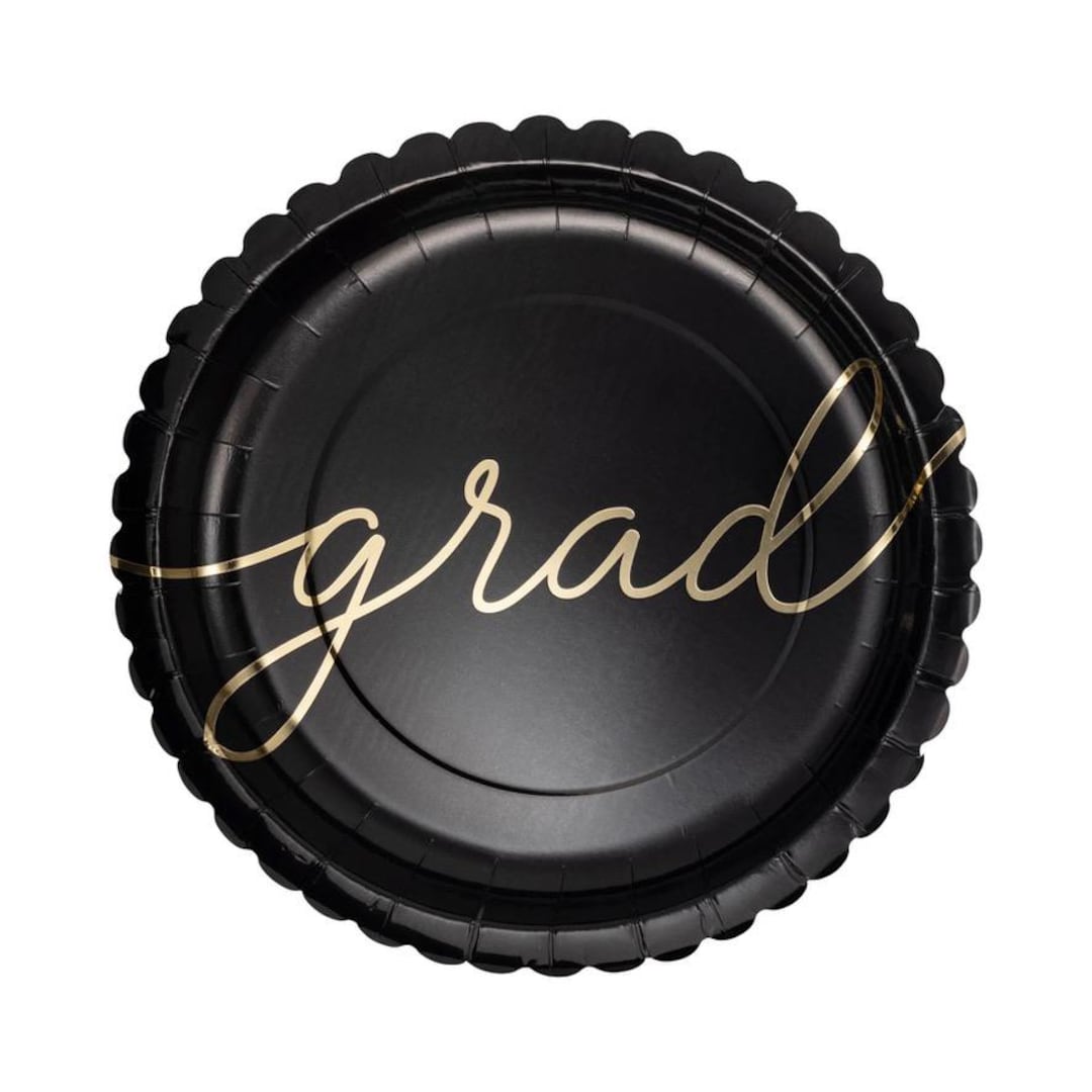 Grad Plate Black & Gold Grad Plates 8ct - Graduation Party Plates, Gold Foil Paper ...