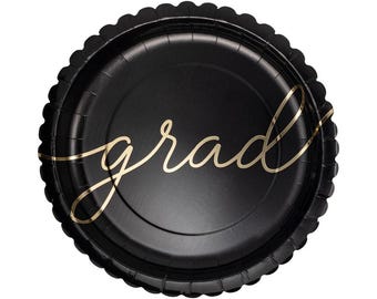 Black & Gold Grad Plates 8ct - Graduation Party Plates, Gold Foil Paper Plates, Class of 2026 Tableware, Grad Party Decorations