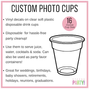 Puede incluir: Vasos de pl&aacute;stico transparente desechables con el texto "CUSTOM PHOTO CUPS". Los vasos son de 473 ml y son adecuados para zumos, agua, c&oacute;cteles y refrescos. Ideal para fiestas, bodas y otros eventos.