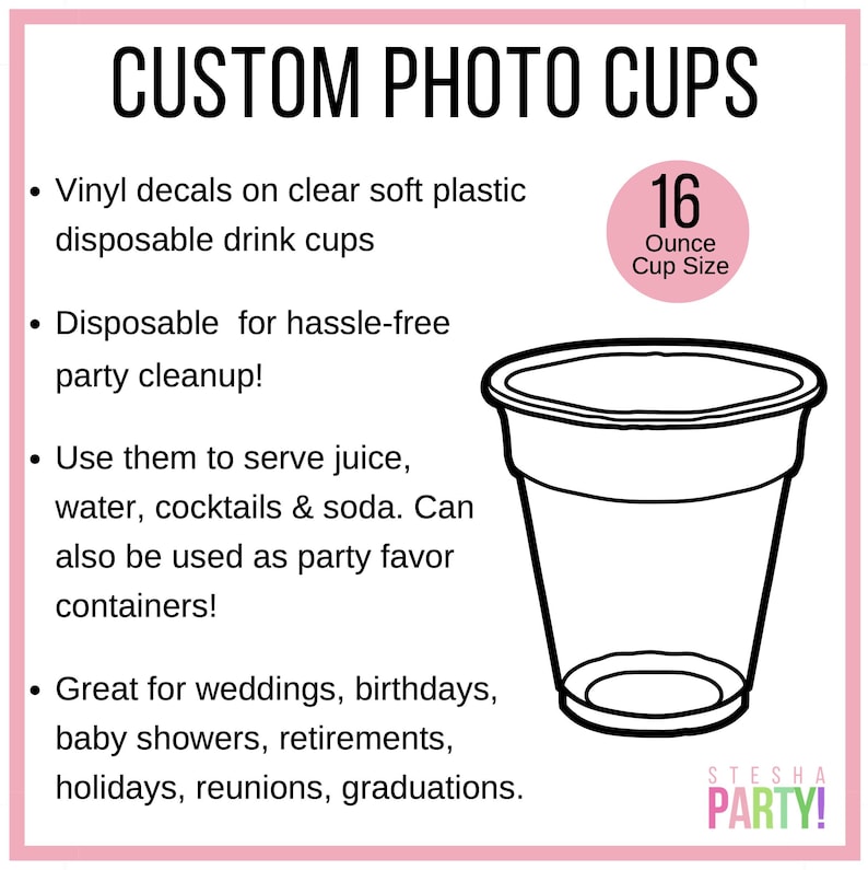 Puede incluir: Vasos de pl&aacute;stico transparente desechables con el texto "CUSTOM PHOTO CUPS". Los vasos son de 473 ml y son adecuados para zumos, agua, c&oacute;cteles y refrescos. Ideal para fiestas, bodas y otros eventos.