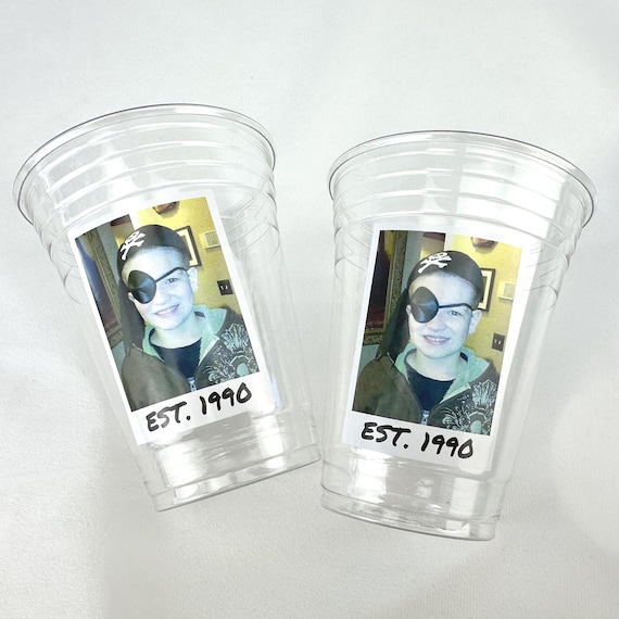 Custom 16oz Plastic Cups with Photo – Personalized Birthday Party Cups with Text Disposable Milestone Drinkware Face Cups Est Vintage Year