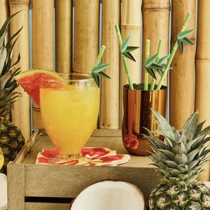 Tropical Bamboo Paper Straws 16 Pack – 7.75” Disposable Straws with Leaves for Luau, Jungle, Safari, Summer, Tiki Bar, or Pool Party