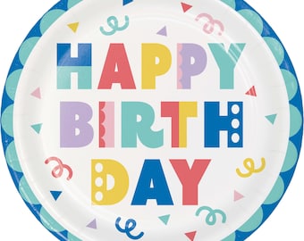 Piatti di carta colorati "Happy Birthday", 8 pezzi - Piatti da festa da 9" per bambini o adulti, stoviglie a tema arcobaleno, articoli usa e getta per compleanni.