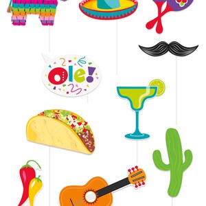 May include: A set of 10 colorful photo booth props with a Mexican fiesta theme. The props include a pi&ntilde;ata, sombrero, maracas, mustache, speech bubble with the word "ole!" a taco, a margarita glass, a cactus, a chili pepper, and a guitar.