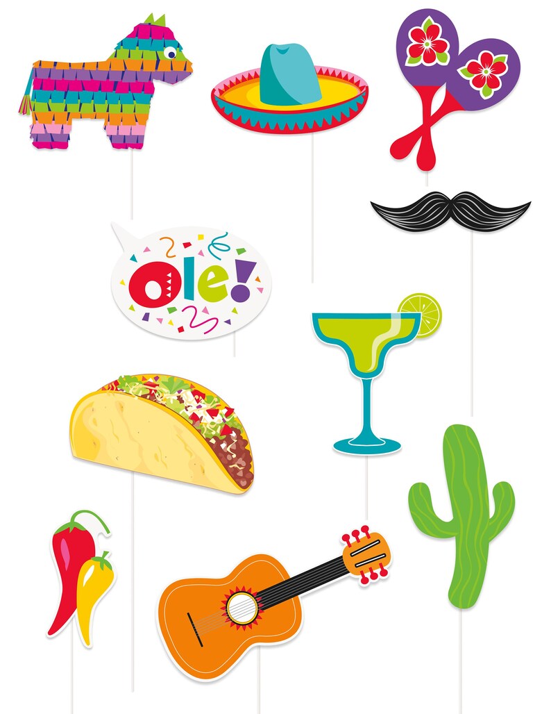May include: A set of 10 colorful photo booth props with a Mexican fiesta theme. The props include a pi&ntilde;ata, sombrero, maracas, mustache, speech bubble with the word "ole!" a taco, a margarita glass, a cactus, a chili pepper, and a guitar.