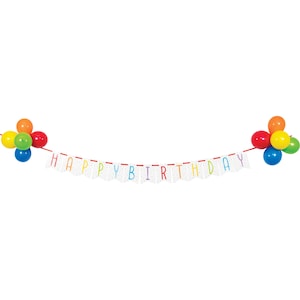 May include: A white banner with the words "Happy Birthday" in rainbow colors, with a string of colorful balloons on each end.