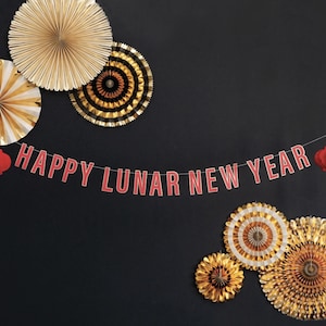 Happy Lunar New Year Banner - Chinesisches Neujahrsdekoration, Neujahrsfest, Rot & Gold Chinesische Party, Orientalisch Asiatisches Party Dekor