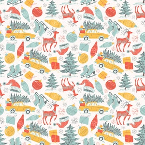 K&ouml;nnte beinhalten: Ein nahtloses Muster mit verschiedenen weihnachtlichen Illustrationen, darunter ein gelbes Auto mit einem Weihnachtsbaum auf dem Dach, ein rotes Rentier, ein blauer Schlittschuh, ein gr&uuml;ner Weihnachtsbaum, eine rot-wei&szlig;e Weihnachtsm&uuml;tze, eine gelbe Gl&uuml;hbirne und ein roter Weihnachtsbaumschmuck.