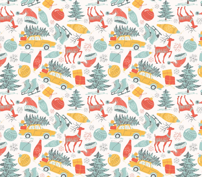 K&ouml;nnte beinhalten: Ein nahtloses Muster mit verschiedenen weihnachtlichen Illustrationen, darunter ein gelbes Auto mit einem Weihnachtsbaum auf dem Dach, ein rotes Rentier, ein blauer Schlittschuh, ein gr&uuml;ner Weihnachtsbaum, eine rot-wei&szlig;e Weihnachtsm&uuml;tze, eine gelbe Gl&uuml;hbirne und ein roter Weihnachtsbaumschmuck.