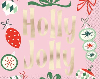 Servilletas navideñas Holly Jolly (16 unidades) - Servilletas rosas con adornos dorados para fiestas navideñas, vajilla desechable para cócteles
