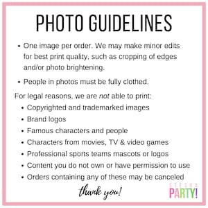 May include: A pink-bordered graphic with the text "PHOTO GUIDELINES" in black. The guidelines include image requirements and restrictions on content, such as copyrighted images and brand logos. The text ends with "thank you!" and the STESHA PARTY! logo.