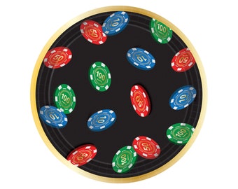 May include: A round paper plate with a casino theme. The plate is black with a gold rim and is decorated with red, green, and blue poker chips with gold numbers. The numbers on the chips are 10, 50, and 100.