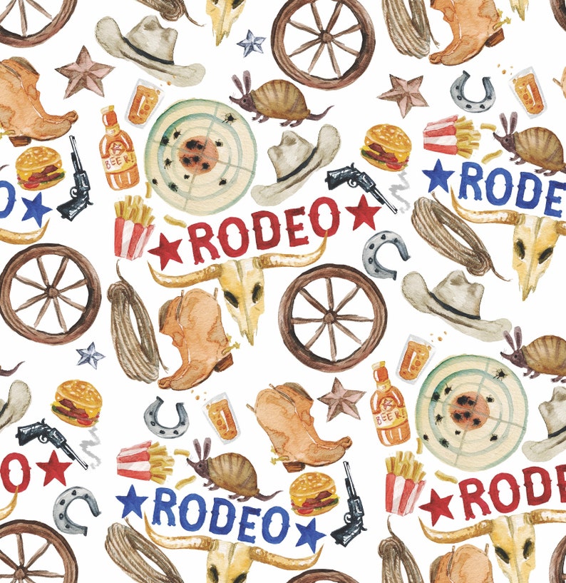 Puede incluir: Un patr&oacute;n sin costuras de acuarela que presenta una variedad de elementos con tem&aacute;tica de rodeo, incluyendo sombreros de vaquero, botas, herraduras, ruedas de carro y la palabra "RODEO" en rojo y azul. El patr&oacute;n est&aacute; sobre un fondo blanco.